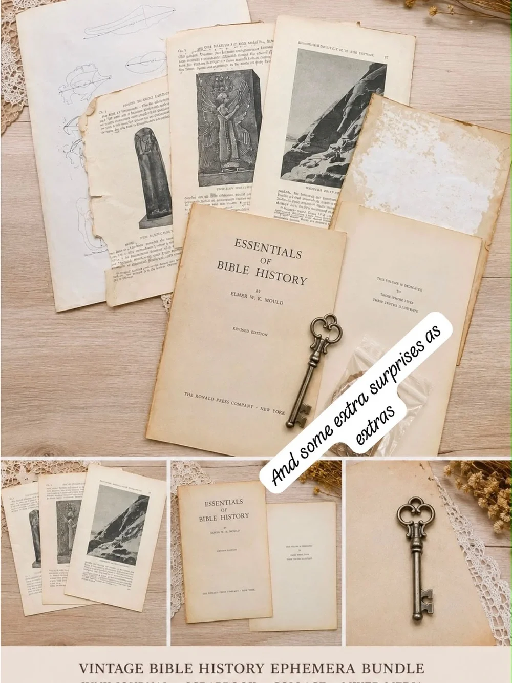 Vintage Bible History Ephemera Bundle with Antique Brass Key